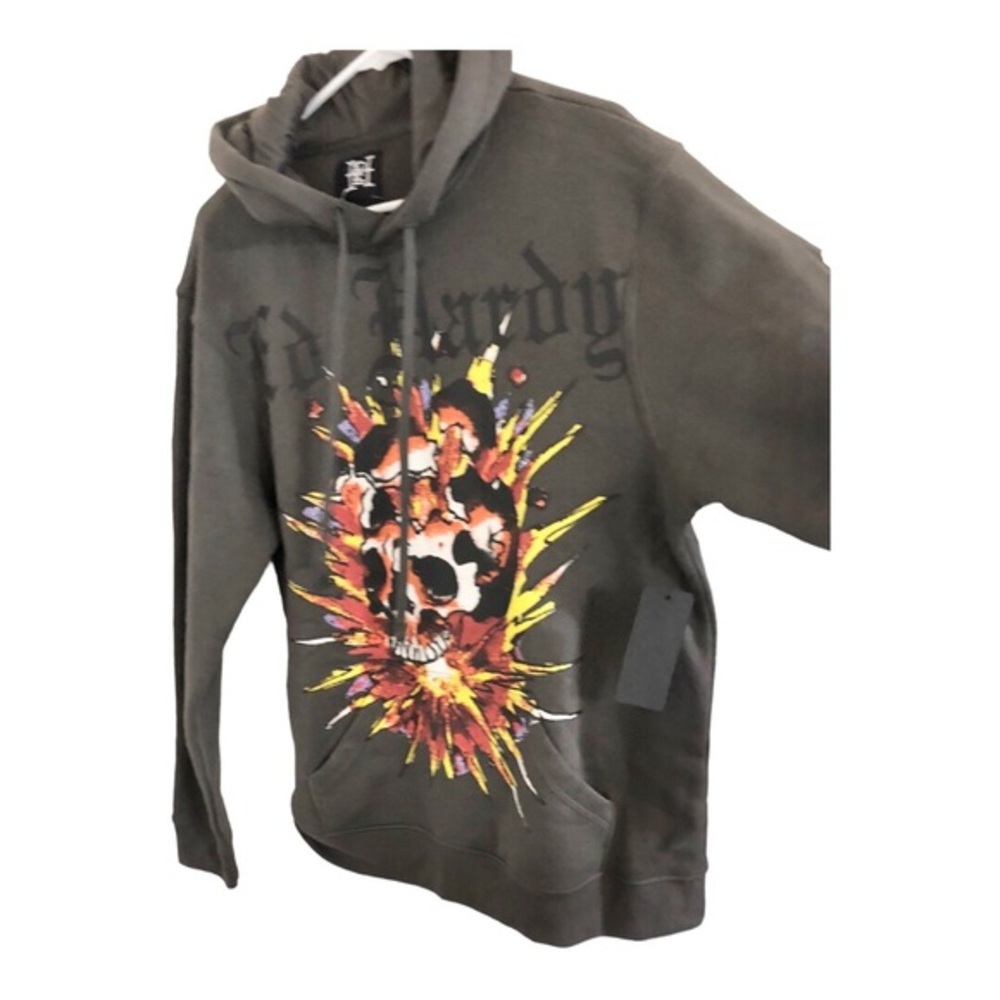 Ed Hardy Gray charcoal graphic print monogram sleeve & back hoodie size medium